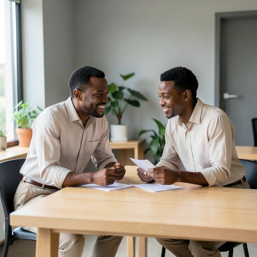 Two colleagues discussing notes at a bright table in a modest South African office
