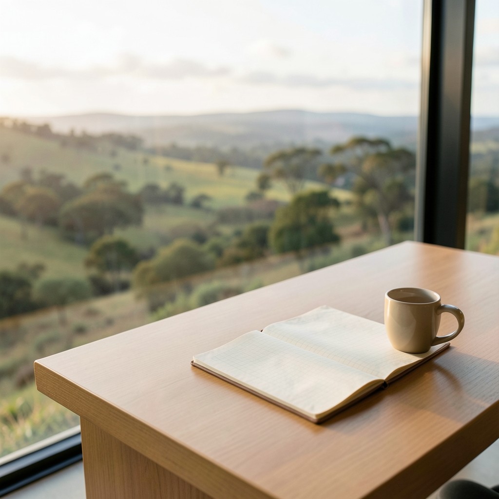 Quiet office desk with notebook and soft natural light overlooking a South African landscape tone