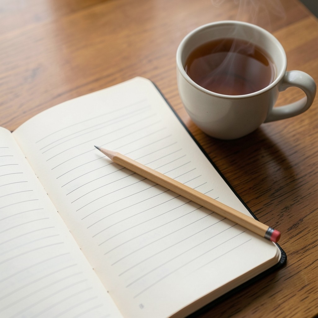 Notebook with numbered process steps beside a cup of tea on a wooden desk